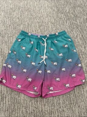 Goat  Print Ombre Swim Shorts - Teal to Pink